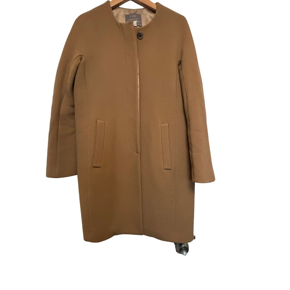 J Crew double cloth collarless tan wool blend coat